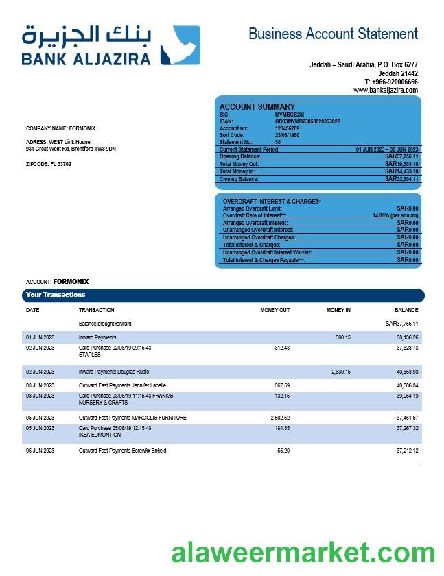 Bank AlJazira firm account statement Word and PDF template